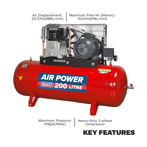 200L Belt Drive Air Compressor with Cast Cylinders 5.5hp 2-Stage SAC42055B