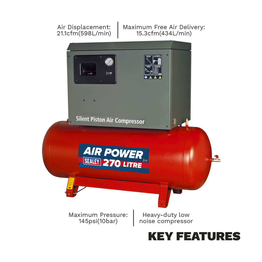 270L Low Noise Belt Drive Air Compressor with Cast Cylinders 5.5hp 2-Stage SAC42755BLN