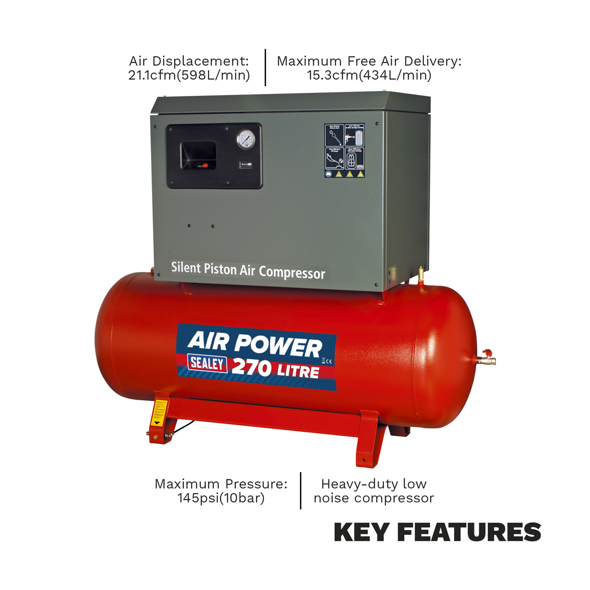 270L Low Noise Belt Drive Air Compressor with Cast Cylinders 5.5hp 2-Stage SAC42755BLN