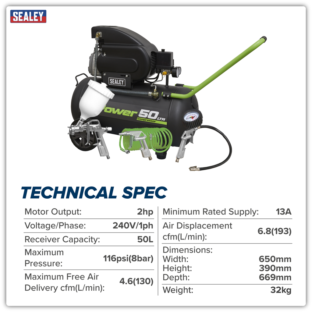 50L Direct Drive Air Compressor 2hp with 4pc Air Accessory Kit SAC5020EPK