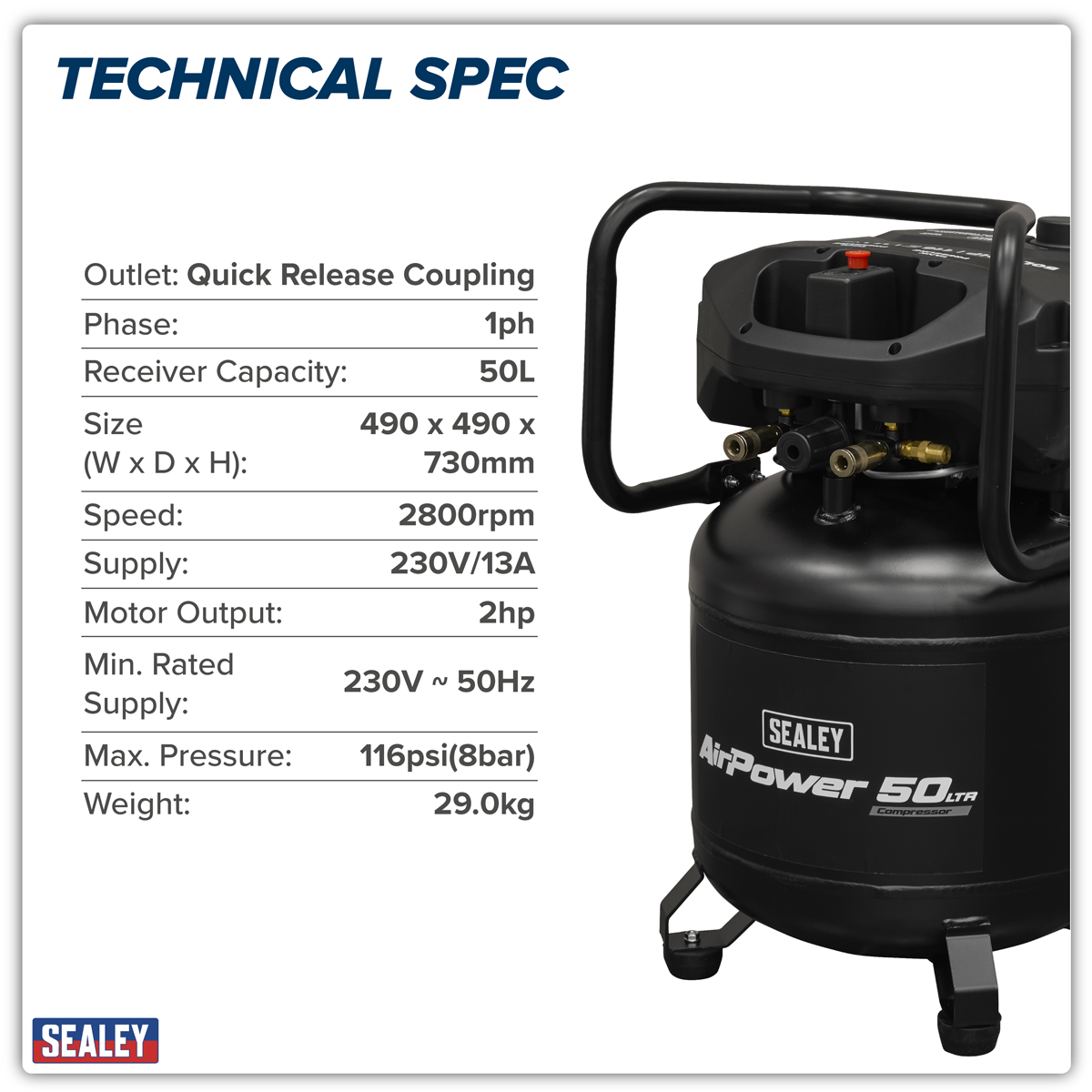 50L Oil Free Belt Drive Vertical Compressor 2hp SAC50V
