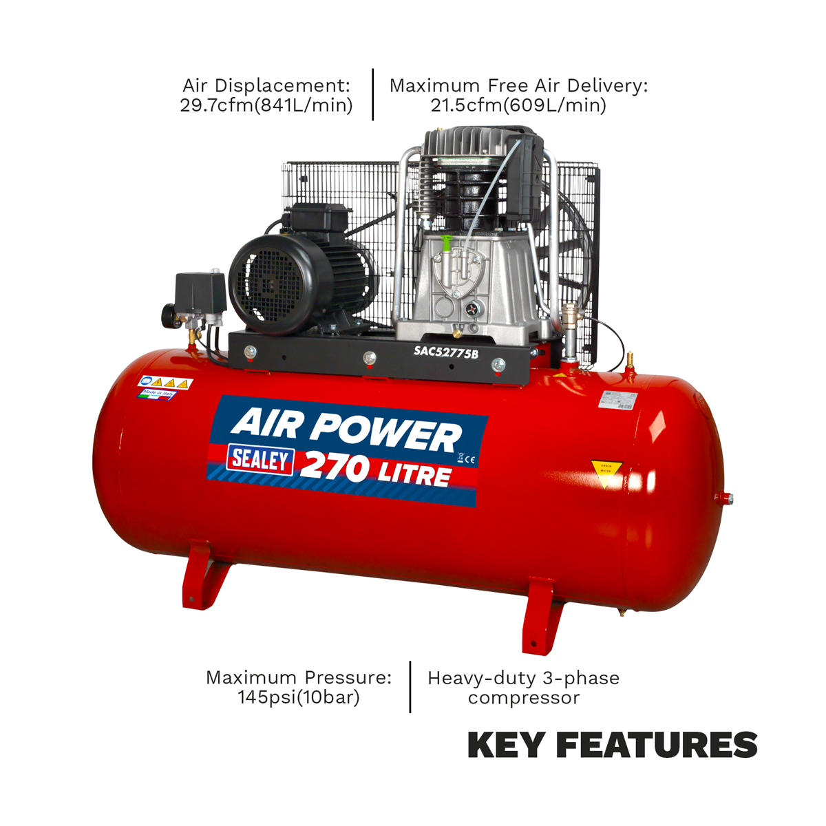 270L Belt Drive Air Compressor with Cast Cylinders 7.5hp 2-Stage SAC52775B