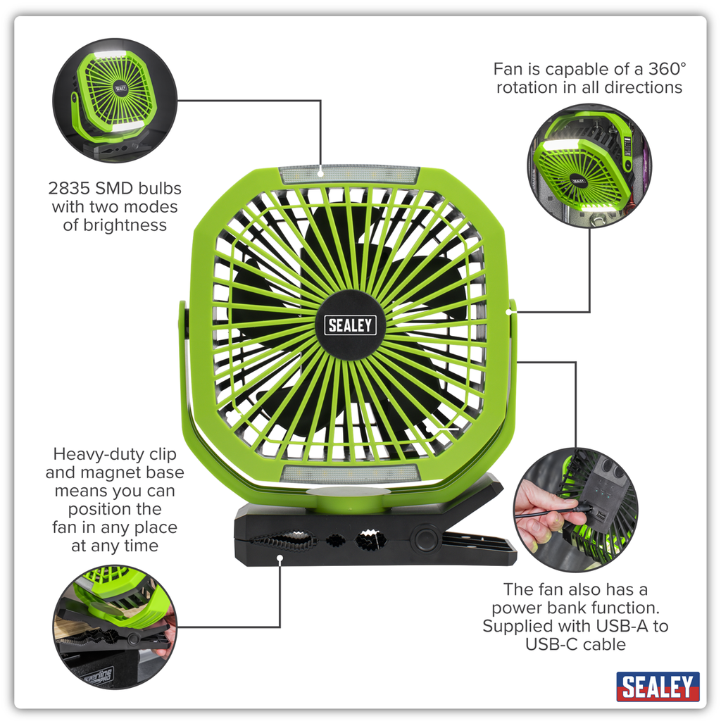 8" Small Portable Clip Fan with Worklight 4-Speed SCF8WL