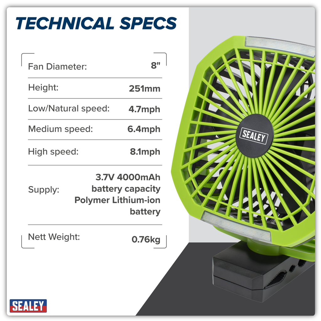 8" Portable Clip Fan with Worklight 4-Speed SCF8WL