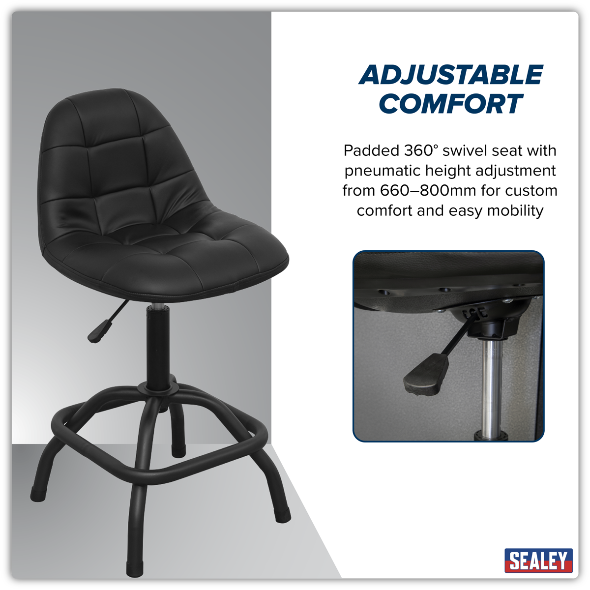 Pneumatic Workshop Stool with Adjustable Height Swivel Seat & Back Rest SCR01B