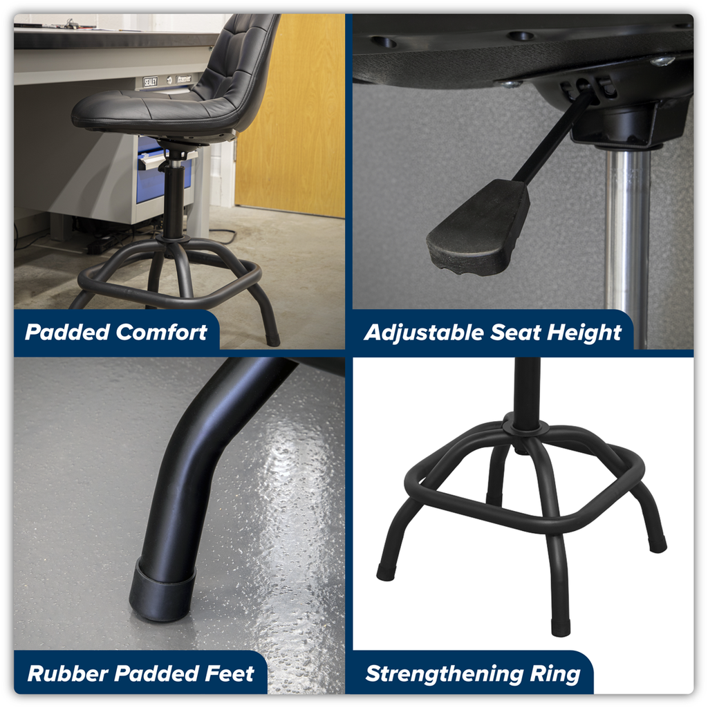 Pneumatic Workshop Stool with Adjustable Height Swivel Seat & Back Rest SCR01B