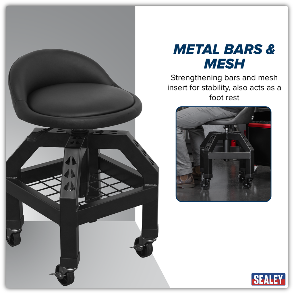 Pneumatic Creeper Stool with Adjustable Height Swivel Seat & Back Rest SCR03B