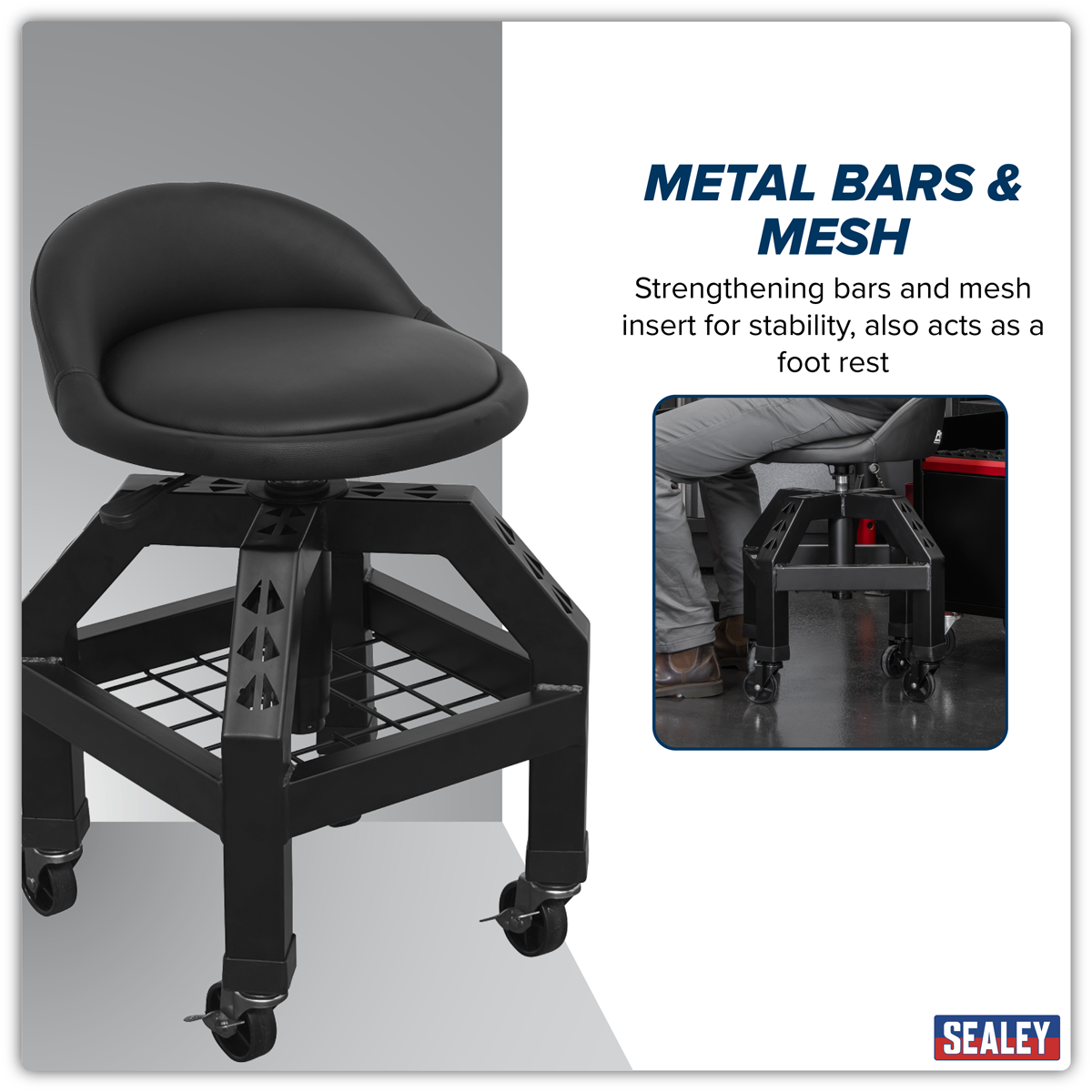 Pneumatic Creeper Stool with Adjustable Height Swivel Seat & Back Rest SCR03B