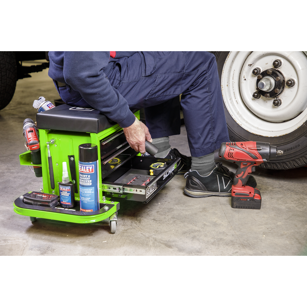 Mechanic's Utility Seat & Toolbox - Green SCR18G