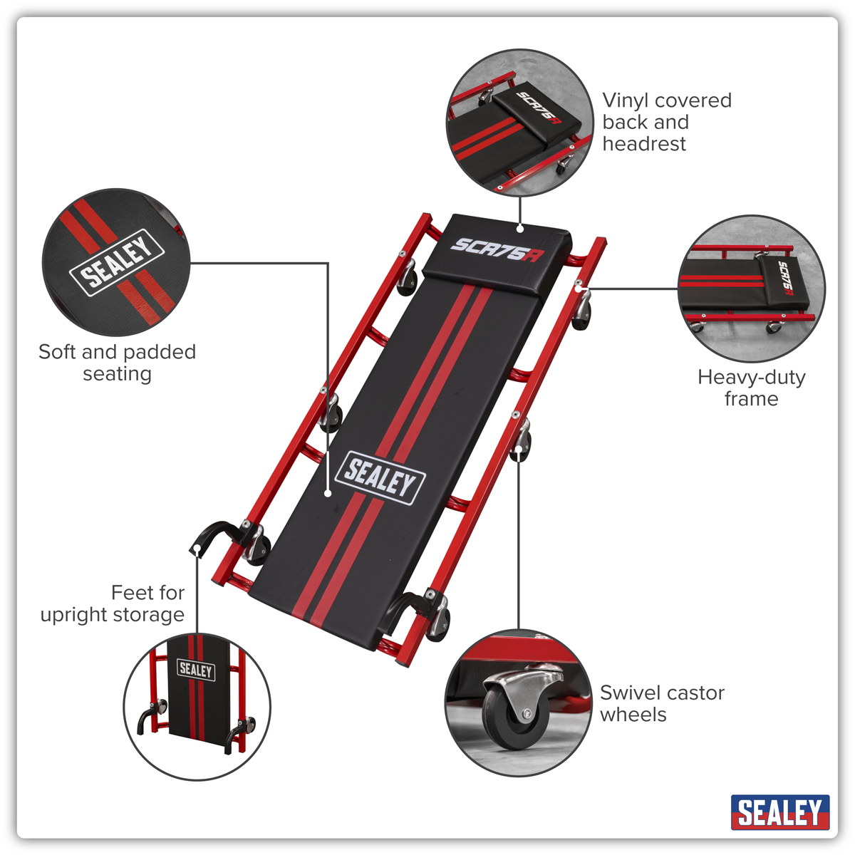 36" Deluxe American-Style Creeper with Steel Frame & 6 Wheels - Red SCR75