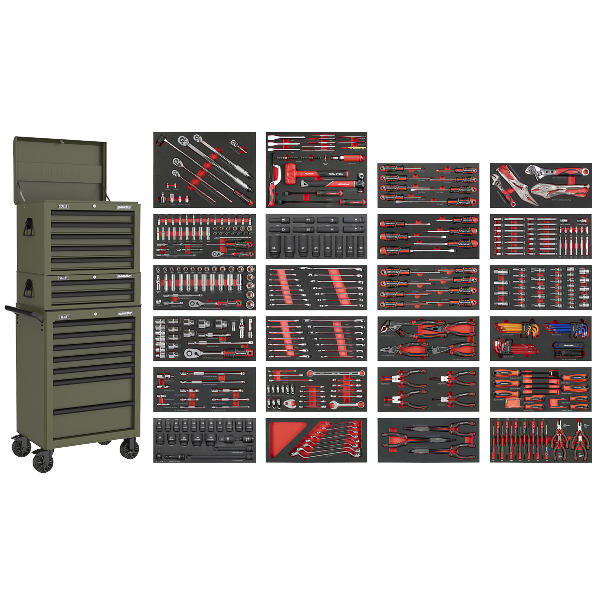 Tool Chest Combination 14 Drawer with 447pc Tool Kit - Khaki SPTCOMBO3K