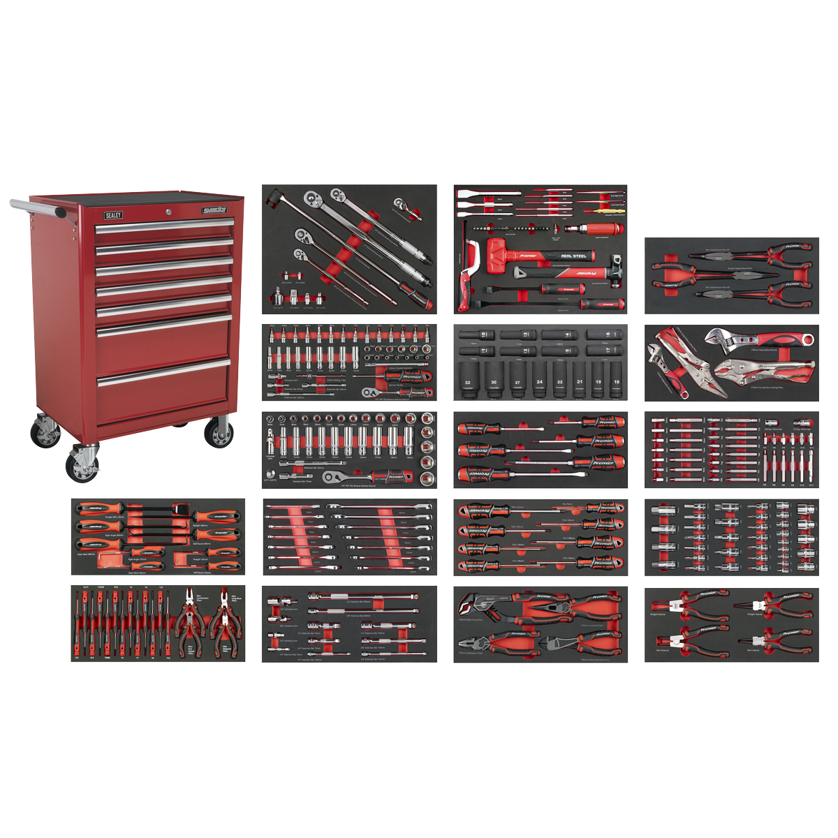 Roll Cab 7 Drawer with 305pc Tool Kit - Red SPTCOMBO4R