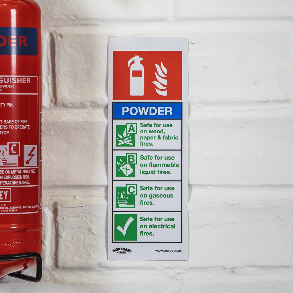 Powder Fire Extinguisher Safety Sign, Self-Adhesive Vinyl - Pack of 10 SS52V10