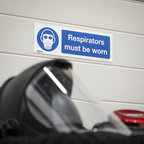 Respirators Must Be Worn Safety Sign, Self-Adhesive Vinyl - Pack of 10 SS56V10