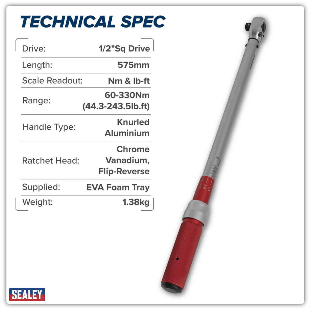 Calibrated Micrometer Torque Wrench 1/2"Sq Drive 60-330Nm STW905
