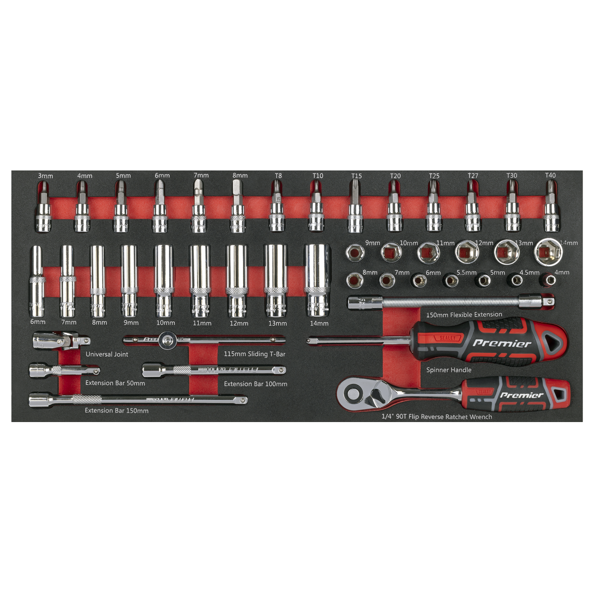 Socket Set with Tool Tray 1/4"Sq Drive 44pc TBT40