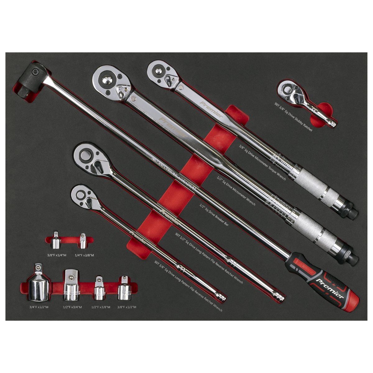 Ratchet, Torque Wrench, Breaker Bar & Socket Adaptor Set with Tool Tray 3/8"Sq & 1/2"Sq Drive 12pc TBT45