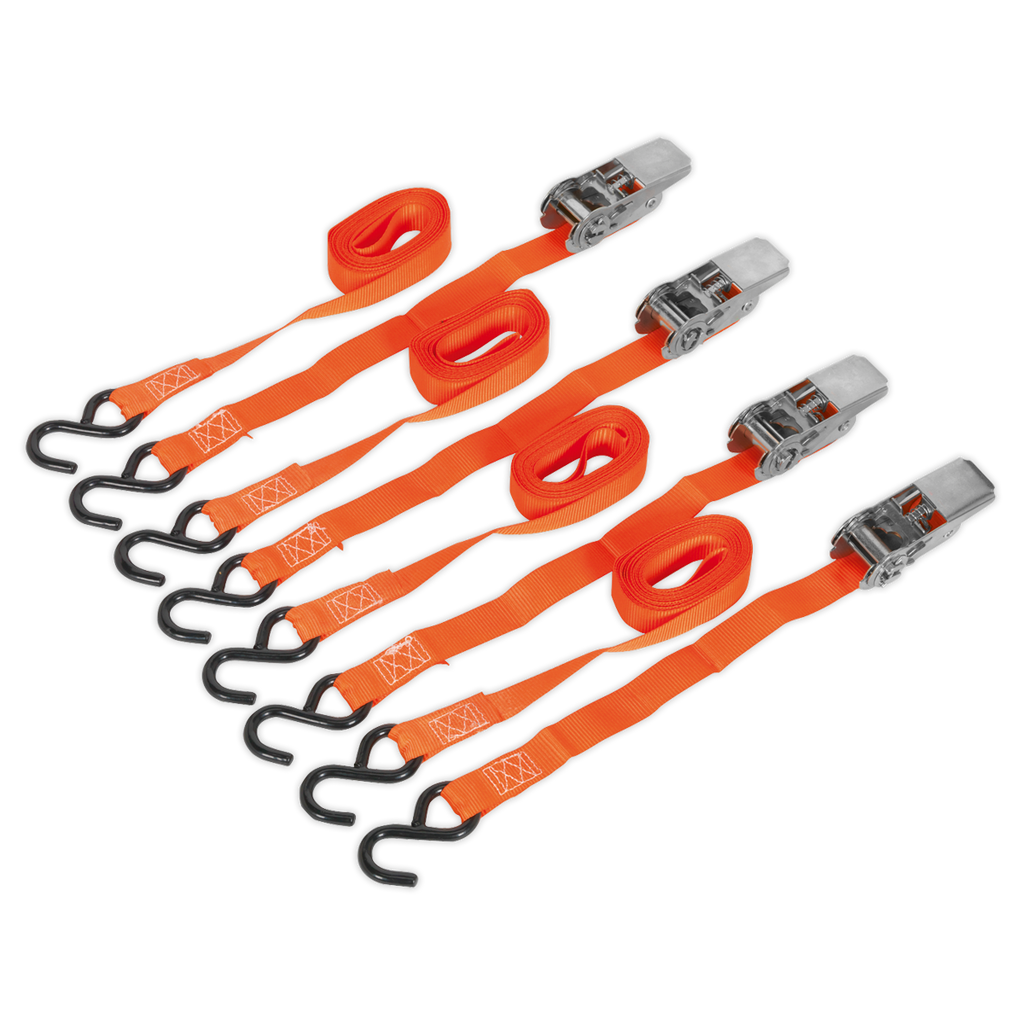 Ratchet Straps Polyester Webbing with S-Hooks 25mm x 4m 500kg Breaking Strength - 2 Pairs TD0540S4