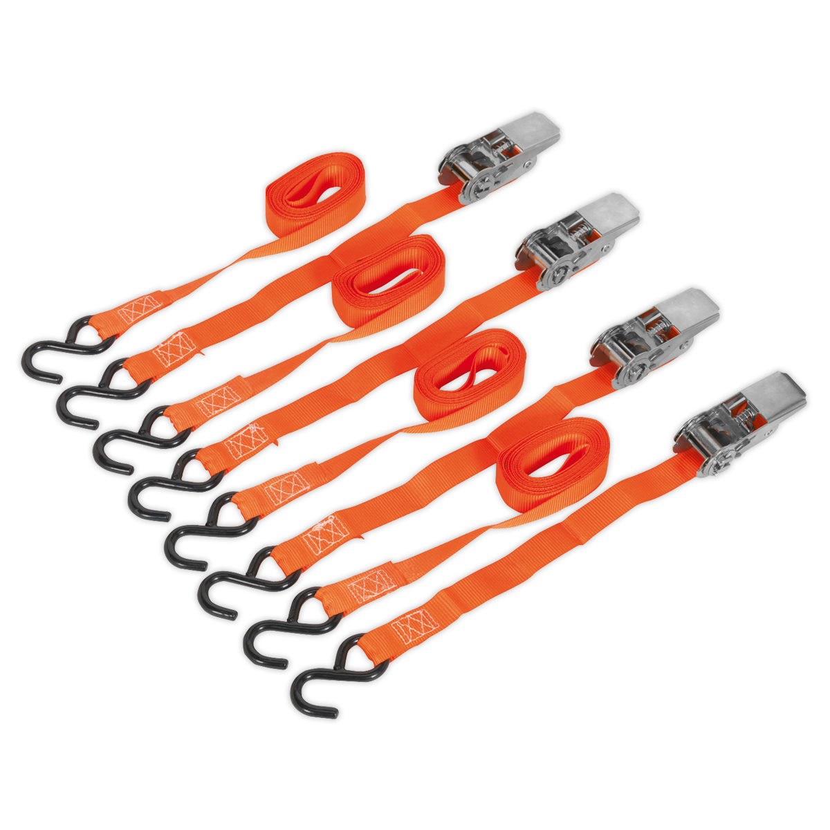 Ratchet Straps Polyester Webbing with S-Hooks 25mm x 4m 500kg Breaking Strength - 2 Pairs TD0540S4