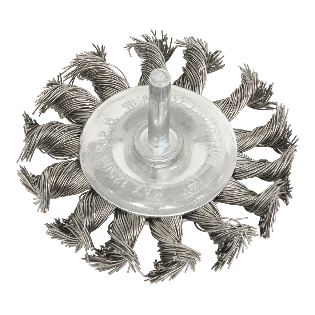 75mm Twist Knot Flat Wire Wheel with 6mm Shaft TKFBS75