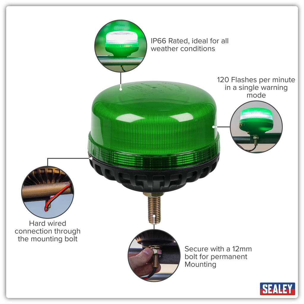 Warning Beacon with 12mm Bolt Fixing 36W SMD LED 12/24V - Green WB951LEDG