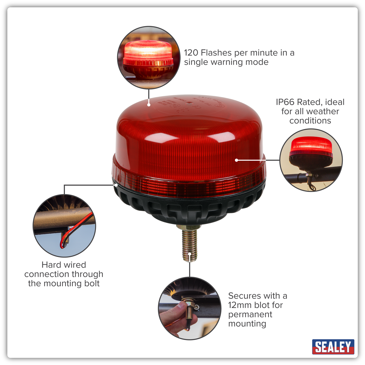 Warning Beacon with 12mm Bolt Fixing 36W SMD LED 12/24V - Red WB951LEDR