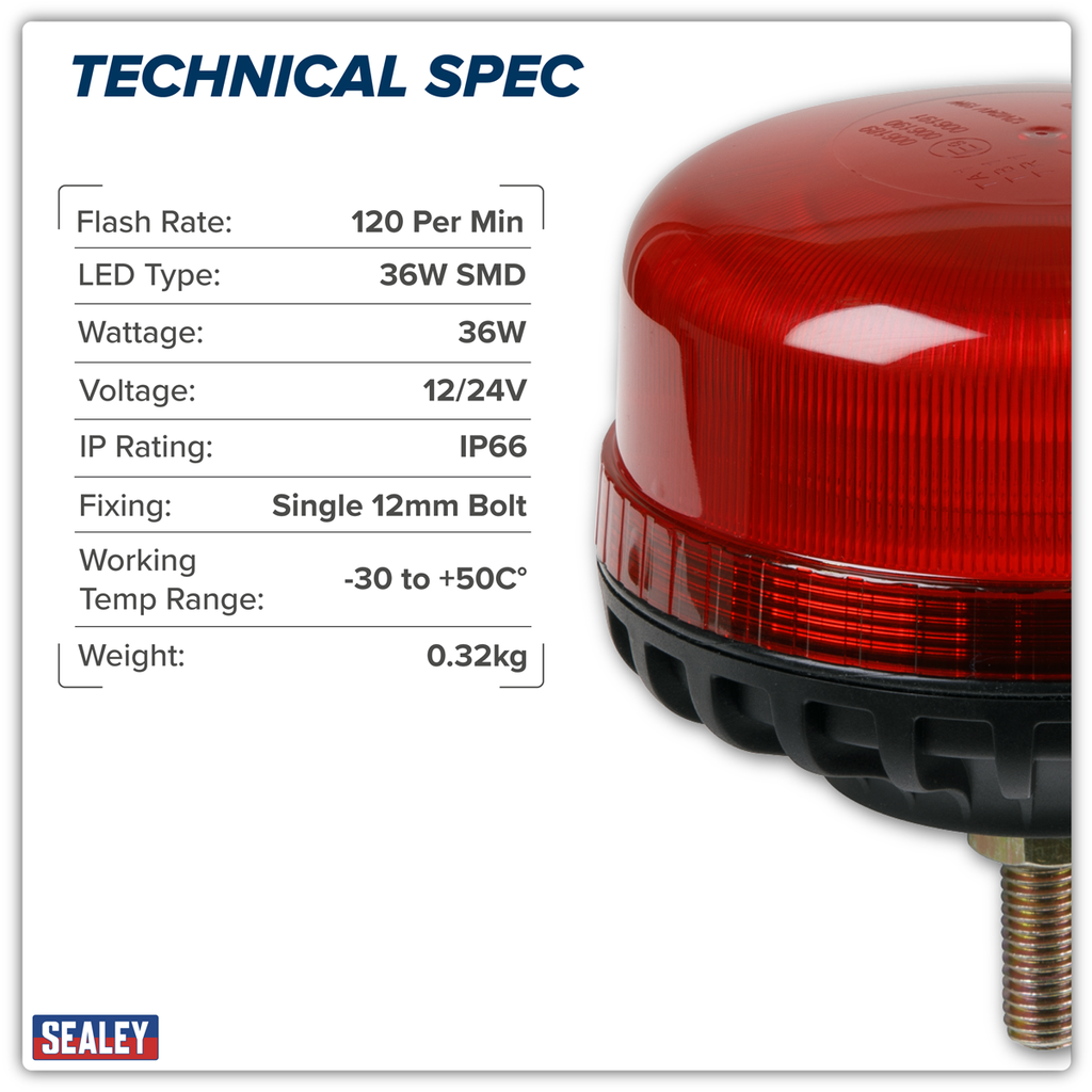 Warning Beacon with 12mm Bolt Fixing 36W SMD LED 12/24V - Red WB951LEDR