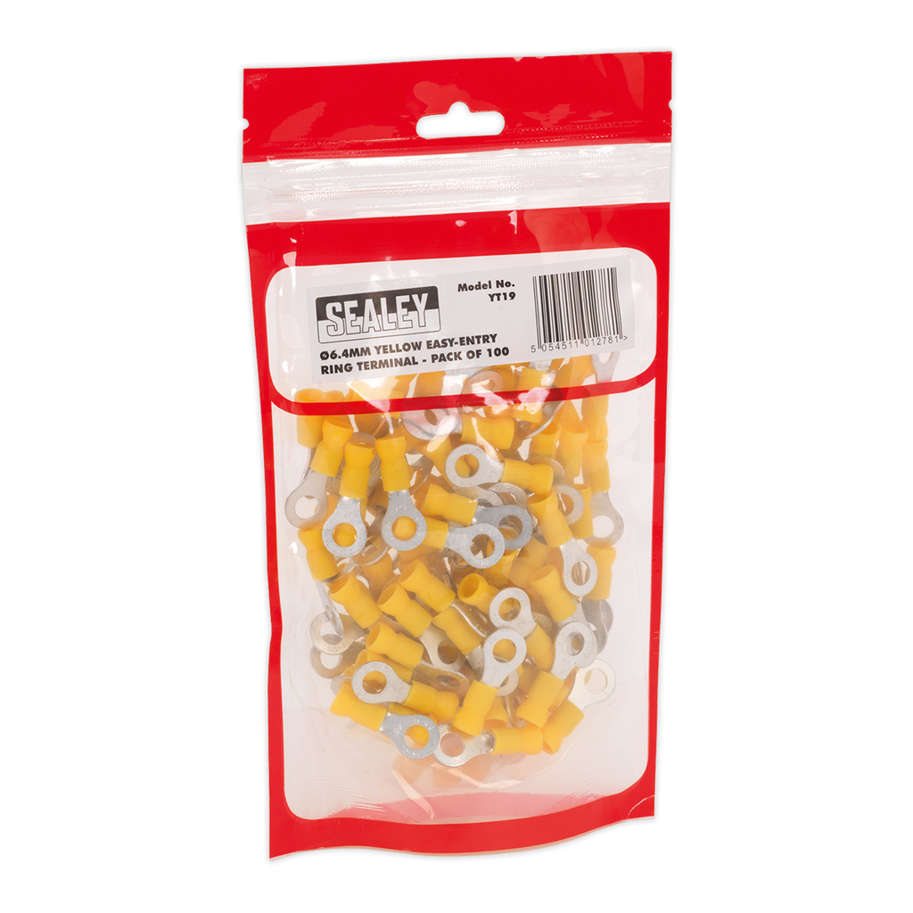 Easy-Entry Ring Terminal 6.4mm (1/4"), Yellow - Pack of 100 YT19
