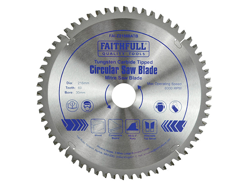 TCT Cross Cut Mitre Saw Blade 216 x 30mm x 60T NEG                              