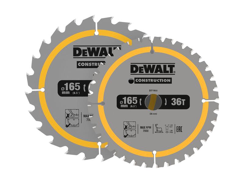 DT90270 Construction Circular Saw Blade 2 Pack 165 x 20mm x 24T/36T             