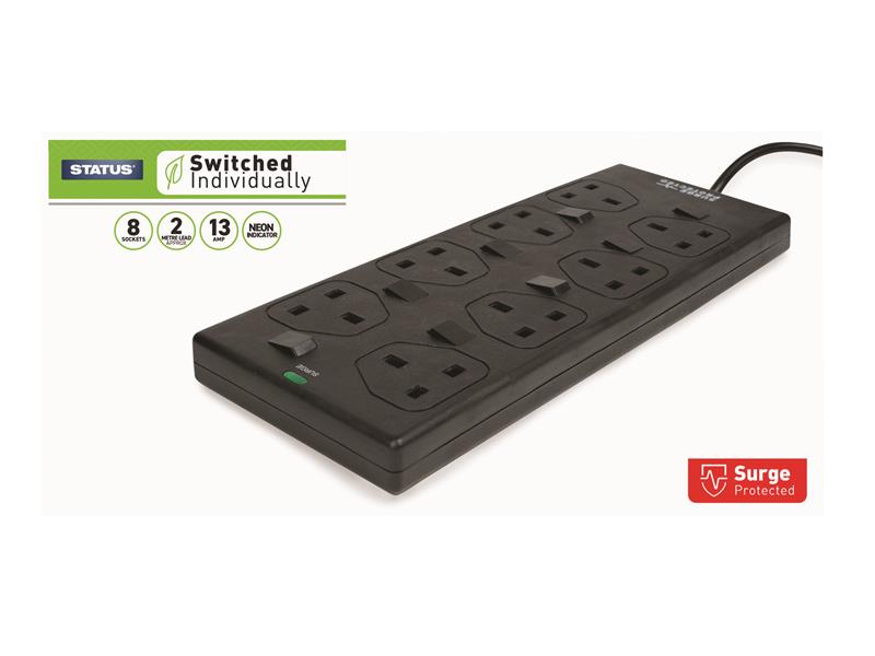 Individually Switched Extension Lead 240V 8-Gang 13A Black 2m