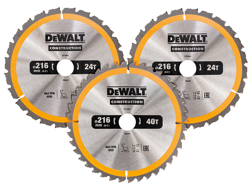 DT1962 Construction Circular Saw Blade 3 Pack 216 x 30mm 2 x 24T 1 x 40T        