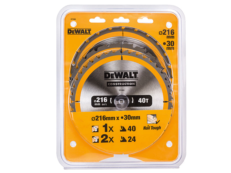 DT1962 Construction Circular Saw Blade 3 Pack 216 x 30mm 2 x 24T 1 x 40T        