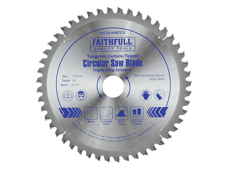 TCT Circular Saw Blade Triple Chip Ground 216 x 30mm x 48T NEG                  