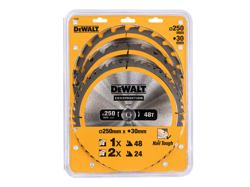 DT1963 Construction Circular Saw Blade 3 Pack 250 x 30mm x 24T/48T              