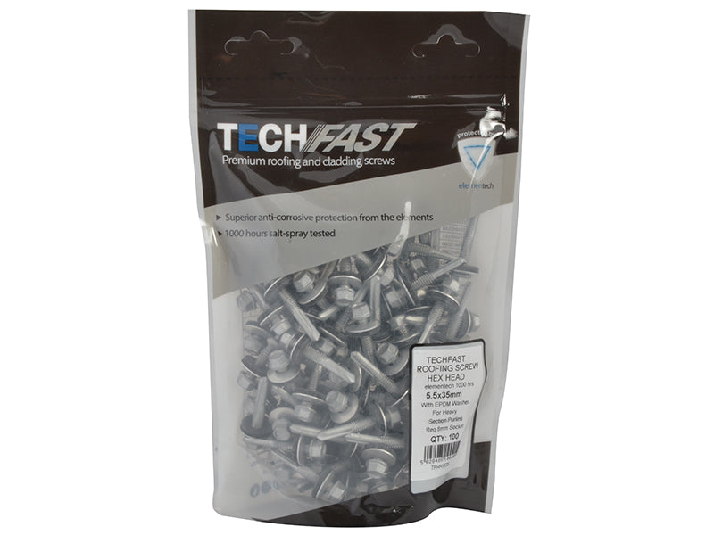 TechFast Hex Head Roofing Screw Self-Drill Heavy Section 5.5 x 35mm Pack 100    