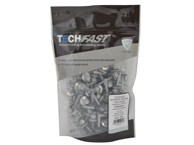 TechFast Hex Head Roofing Screw Self-Drill Light Section 5.5 x 32mm Pack 100    