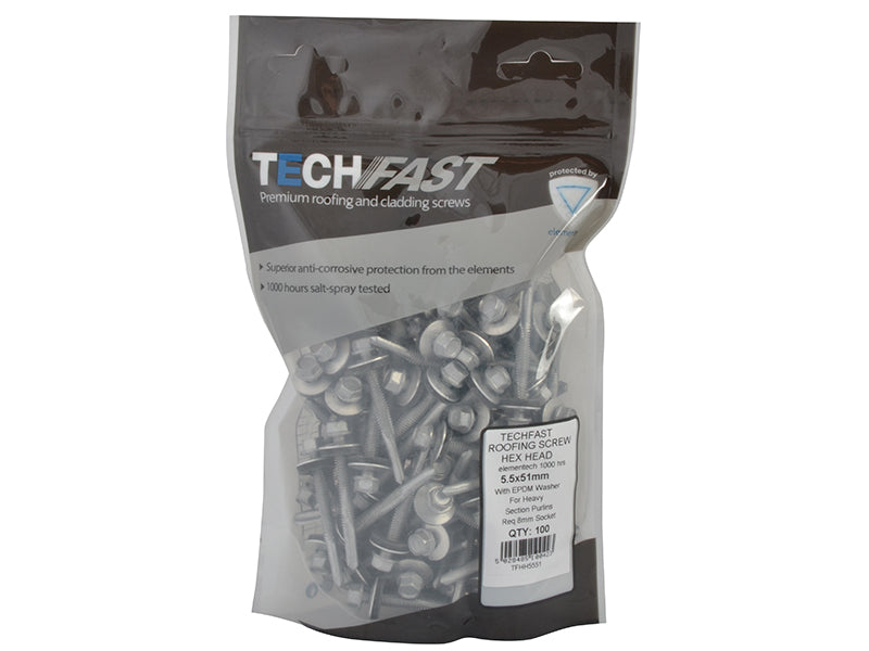 TechFast Hex Head Roofing Screw Self-Drill Heavy Section 5.5 x 51mm Pack 100    