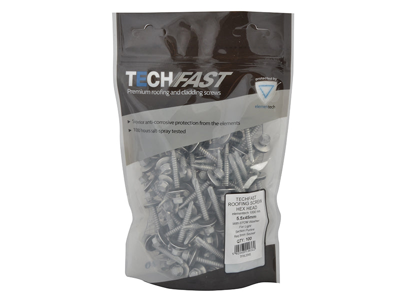 TechFast Hex Head Roofing Screw Self-Drill Light Section 5.5 x 45mm Pack 100    