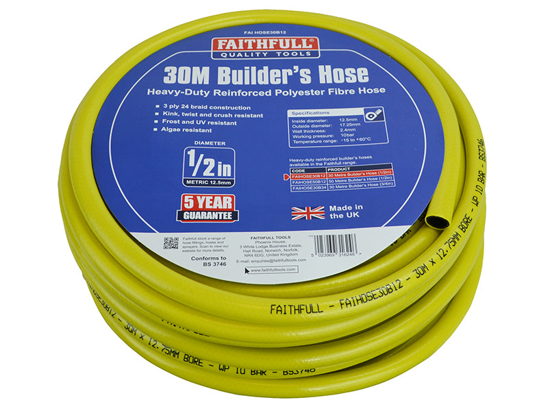 Heavy-Duty Reinforced Builder's Hose 30m 12.5mm (1/2in) Diameter                