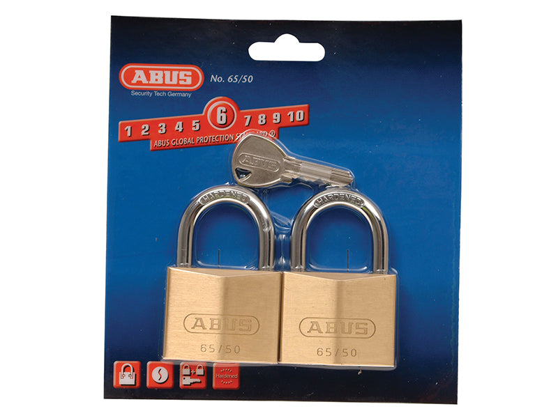 65/40mm Brass Padlock 63mm Long Shackle Keyed Alike 6405