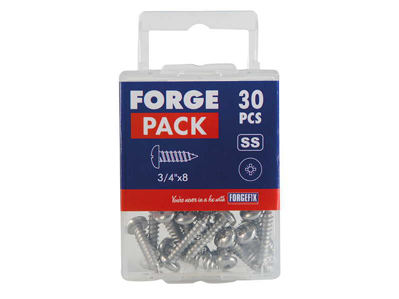 Self-Tapping Screw Pozi Compatible Pan Head SS 3/4in x 8 ForgePack 30           