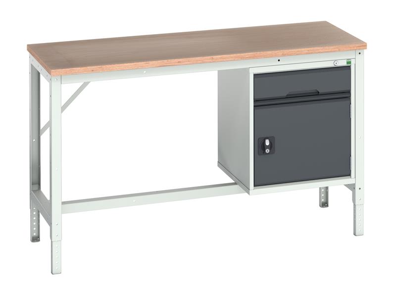 Verso Adjustable Bench with Cupboard + Drawer, mpx Top 1500 x 600mm