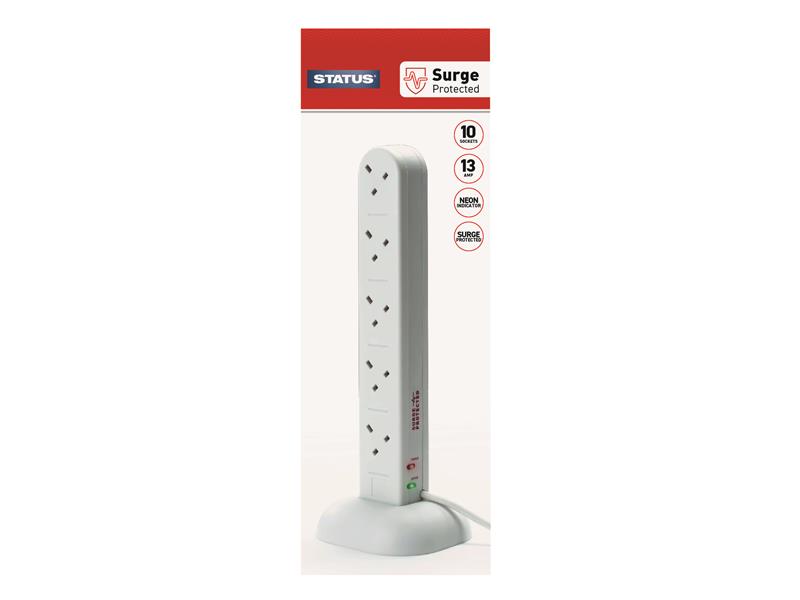Surge Protected Tower Multi Plug Extension 240V 10-Gang 13A White 2m
