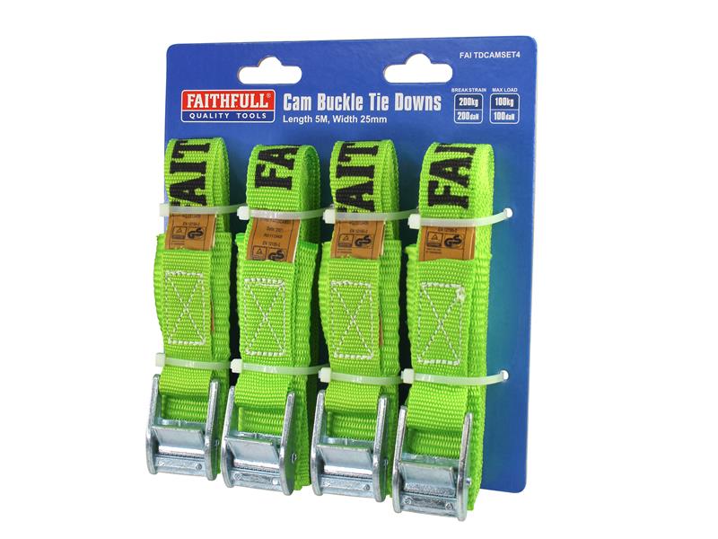 Cam Buckle Tie-Downs 5m x 25mm, 4 Piece                                         