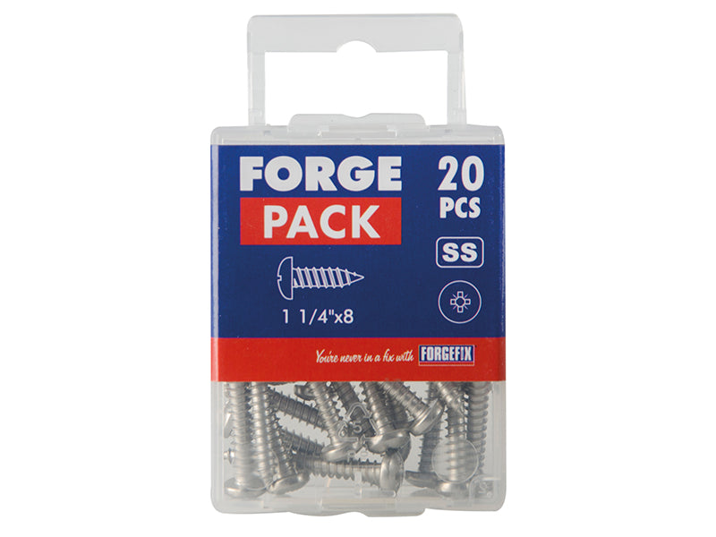 Self-Tapping Screw Pozi Compatible Pan Head SS 1.1/4in x 8 ForgePack 20         
