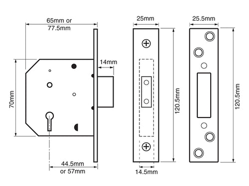 2101 5 Lever Mortice Deadlock Satin Chrome Finish 77.5mm 3in Visi