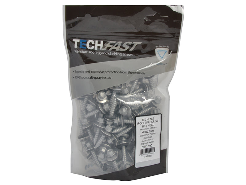 TechFast Hex Head Screw Sheet to Timber 6.3 x 32mm Pack 100                     