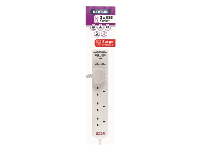 Extension Lead 240V 4-Gang + 2 USB 13A 2m White