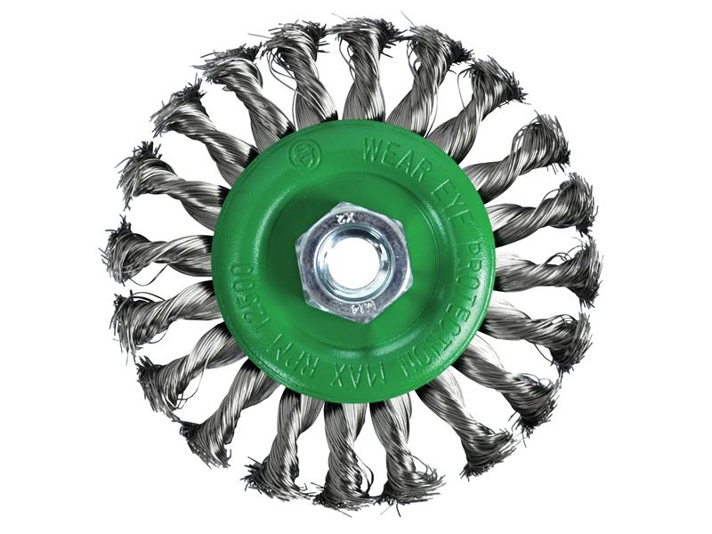 Flat Twist Knot Wire Brush 115 x 12mm M14x2 Bore, 0.35mm Stainless Steel Wire   